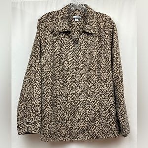 Croft & Barrow Brown Leopard Print  Microsuede Zip Up Long Sleeve Blouse Size XL